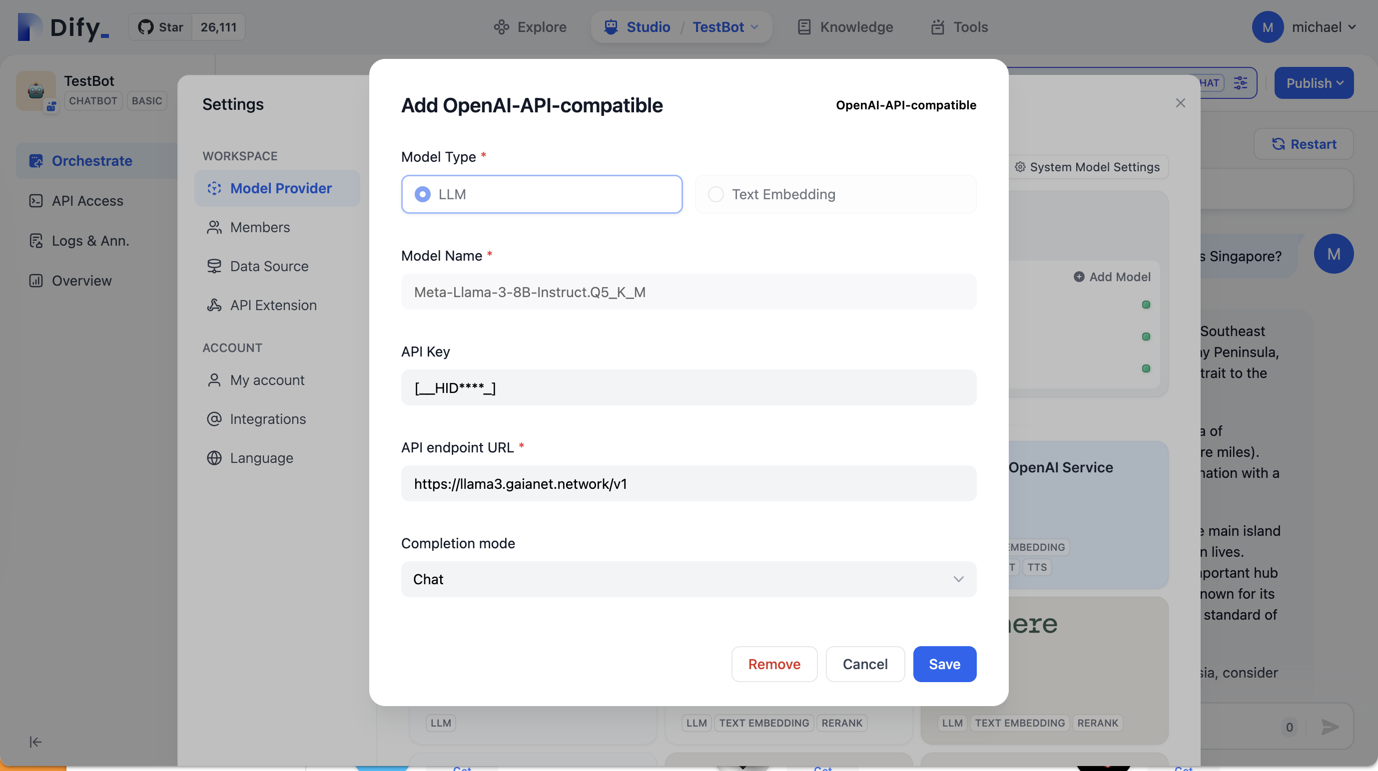 Configurar un modelo Gaia Llama3 8b en Dify