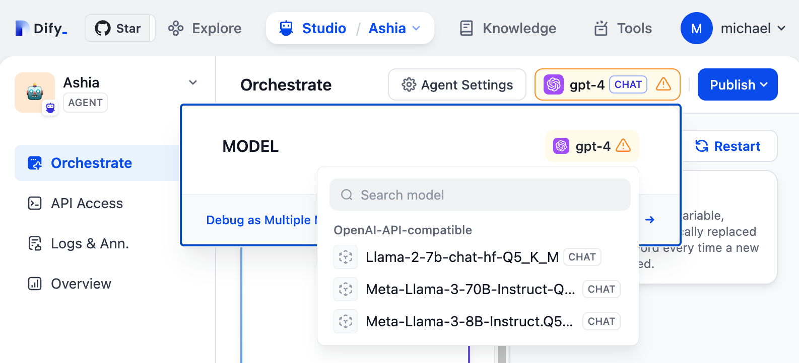 Seleccione un nodo Gaia como modelo backend en Dify